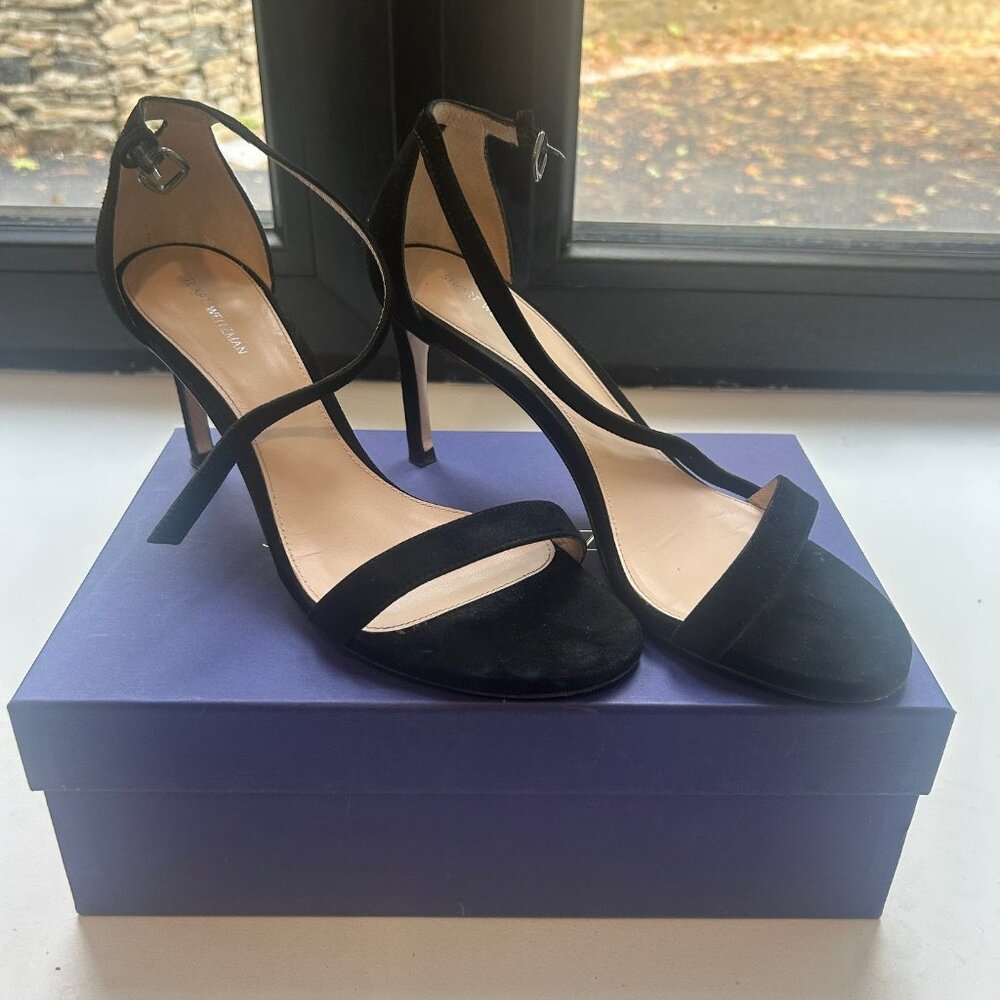 Stuart Weitzman Nunaked Black Suede Heel Sandals Size 9M